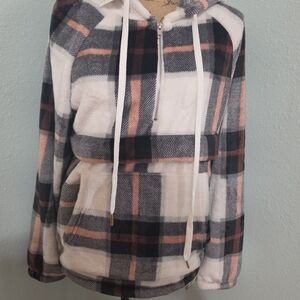 ePretty Orange, Gray & White Plaid Half-Zip Teddy Hoodie